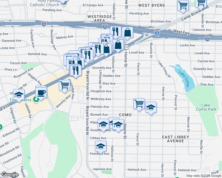 map of restaurants, bars, coffee shops, grocery stores, and more near 5801 Diaz Avenue in Fort Worth