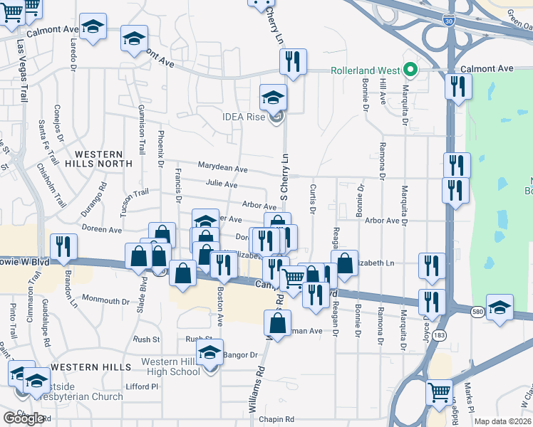 map of restaurants, bars, coffee shops, grocery stores, and more near 8001 Arbor Avenue in Fort Worth