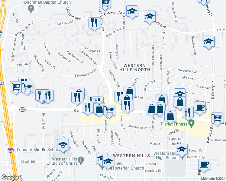 map of restaurants, bars, coffee shops, grocery stores, and more near 3213 Las Vegas Trail in Fort Worth