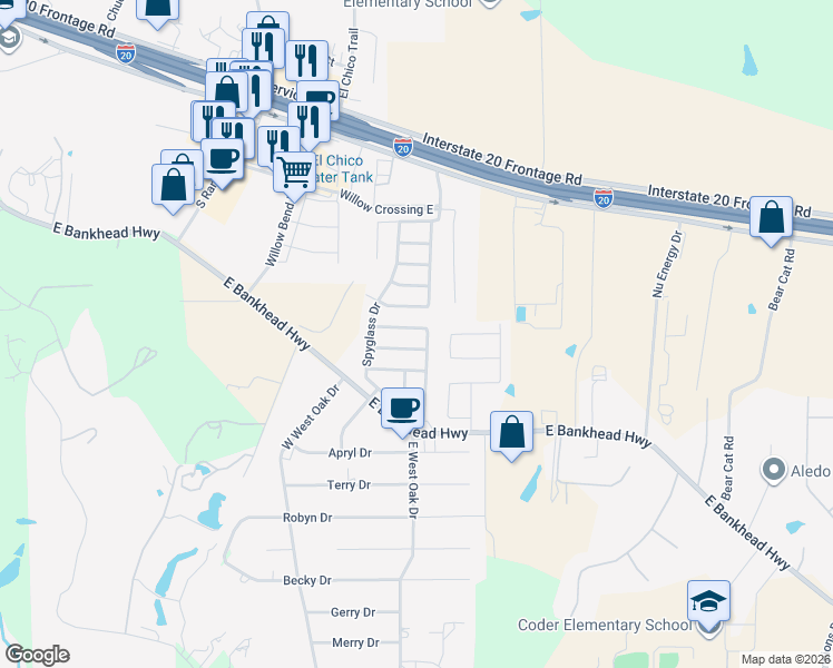 map of restaurants, bars, coffee shops, grocery stores, and more near 105 Muirfield Drive in Aledo
