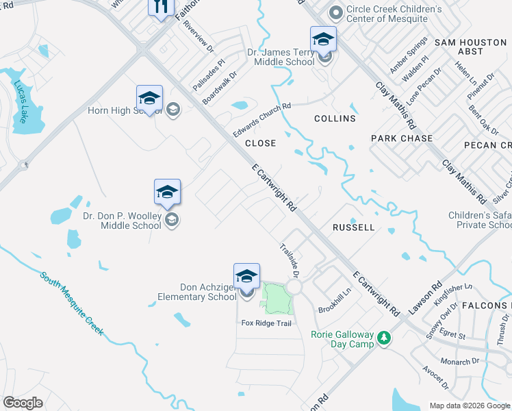 map of restaurants, bars, coffee shops, grocery stores, and more near 101 Holloman Road in Mesquite