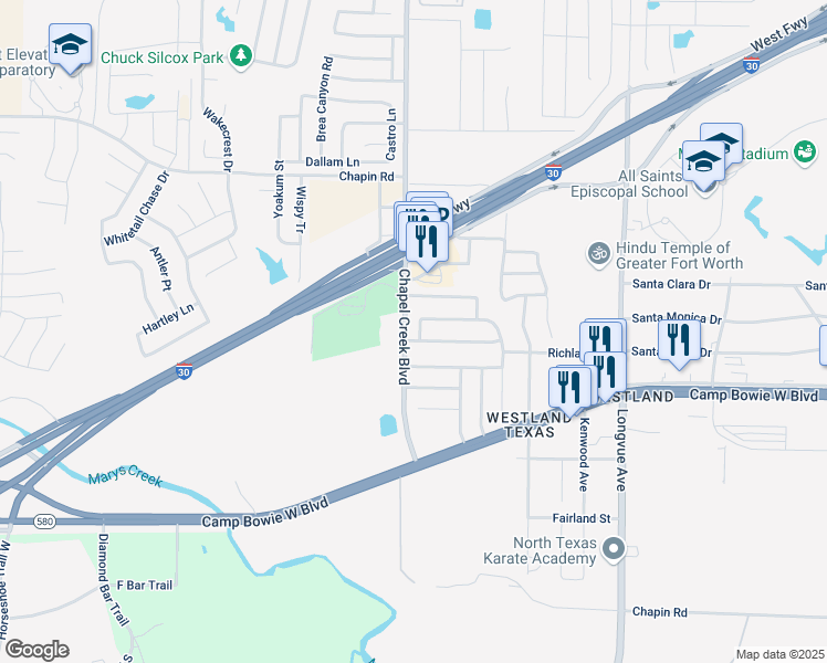 map of restaurants, bars, coffee shops, grocery stores, and more near 10145 Chapel Rock Drive in Fort Worth