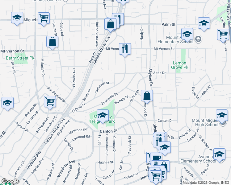 map of restaurants, bars, coffee shops, grocery stores, and more near 2010 Ensenada Street in Lemon Grove