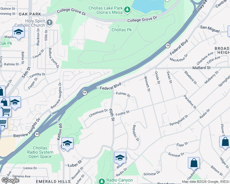 map of restaurants, bars, coffee shops, grocery stores, and more near 6015 Federal Boulevard in San Diego