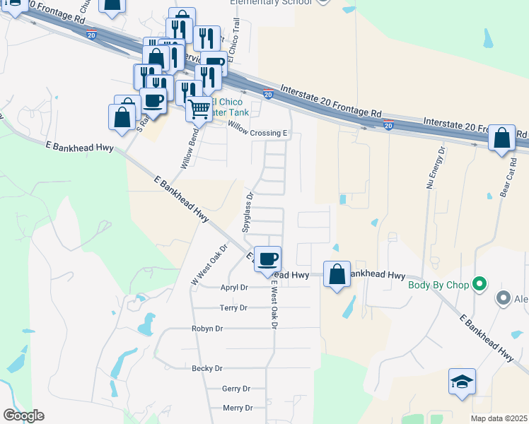 map of restaurants, bars, coffee shops, grocery stores, and more near 130 Muirfield Drive in Willow Park
