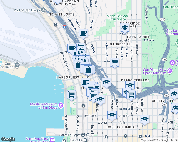 map of restaurants, bars, coffee shops, grocery stores, and more near 2104 Columbia Street in San Diego