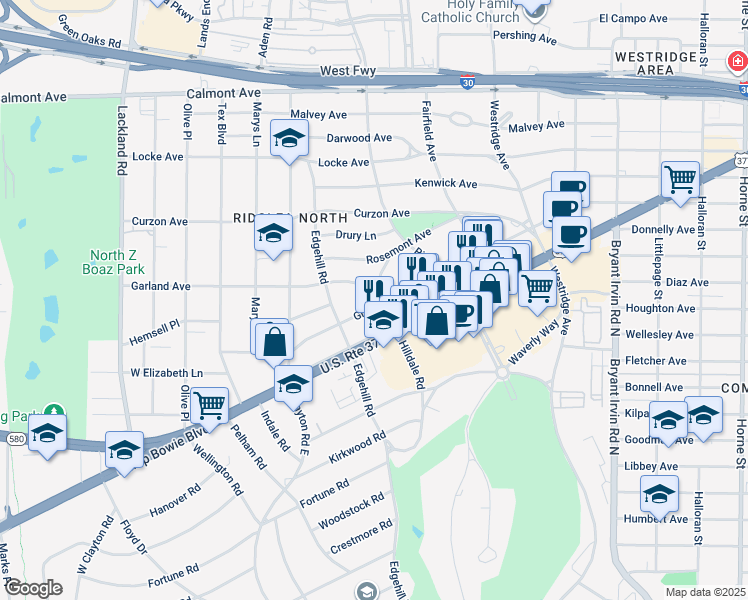 map of restaurants, bars, coffee shops, grocery stores, and more near 6400 Greenway Road in Fort Worth
