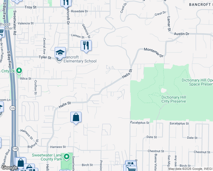 map of restaurants, bars, coffee shops, grocery stores, and more near 2326 Helix Street in Spring Valley