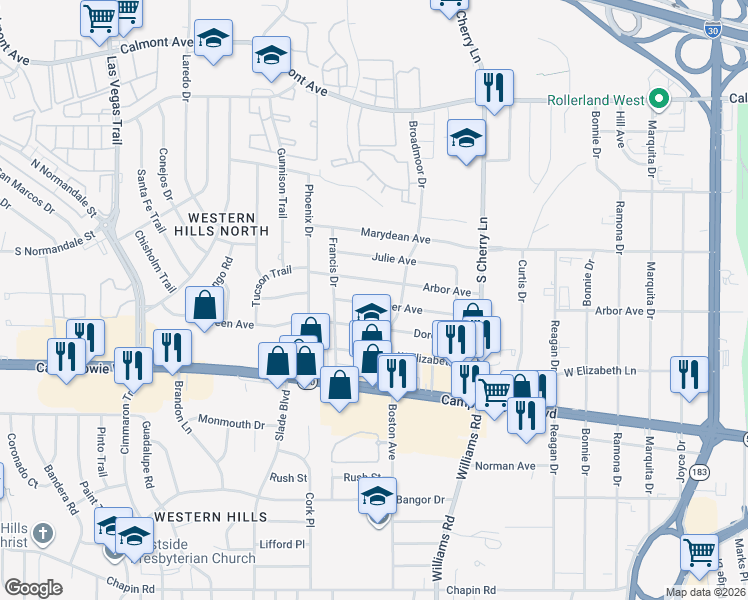 map of restaurants, bars, coffee shops, grocery stores, and more near 8120 Tanner Avenue in Fort Worth
