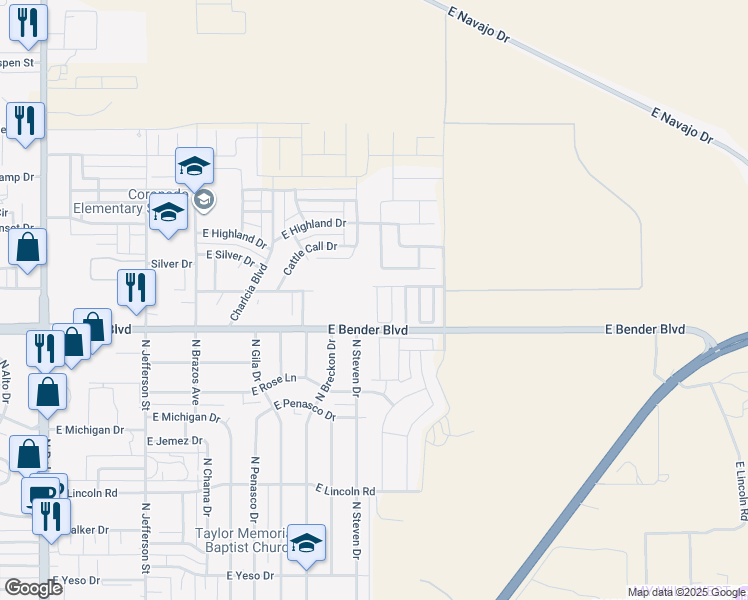 map of restaurants, bars, coffee shops, grocery stores, and more near 2323 North Mimosa Lane in Hobbs