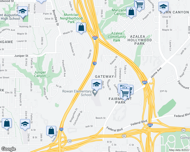 map of restaurants, bars, coffee shops, grocery stores, and more near 2018 Parrot Street in San Diego