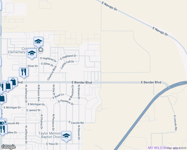 map of restaurants, bars, coffee shops, grocery stores, and more near 2323 North Juniper Lane in Hobbs
