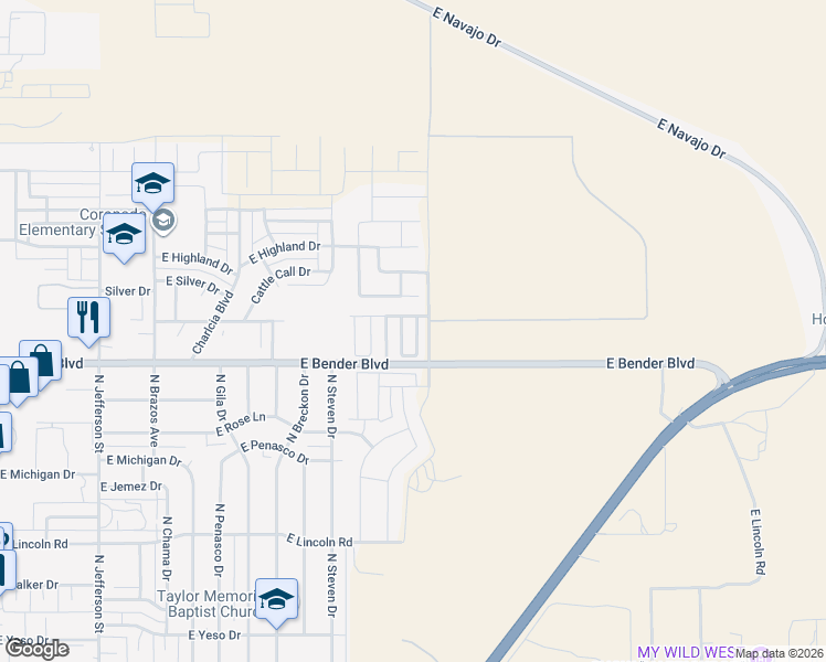 map of restaurants, bars, coffee shops, grocery stores, and more near 2319 North Mulberry Lane in Hobbs