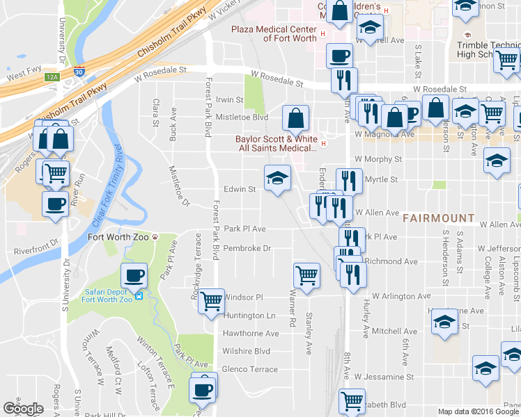 map of restaurants, bars, coffee shops, grocery stores, and more near 1699 Berkeley Place in Fort Worth
