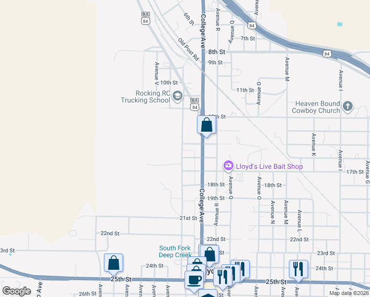 map of restaurants, bars, coffee shops, grocery stores, and more near 1500-1598 Avenue T in Snyder
