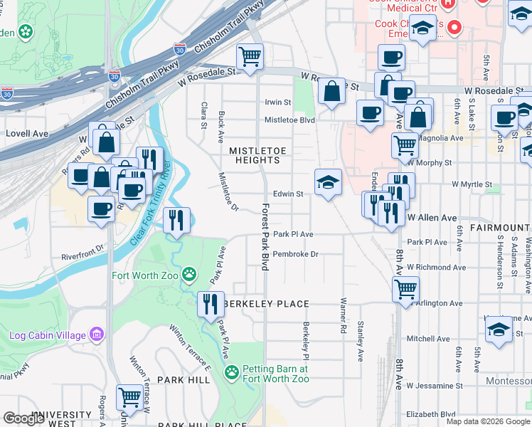 map of restaurants, bars, coffee shops, grocery stores, and more near Forest Park Blvd & Mistletoe Dr in Fort Worth