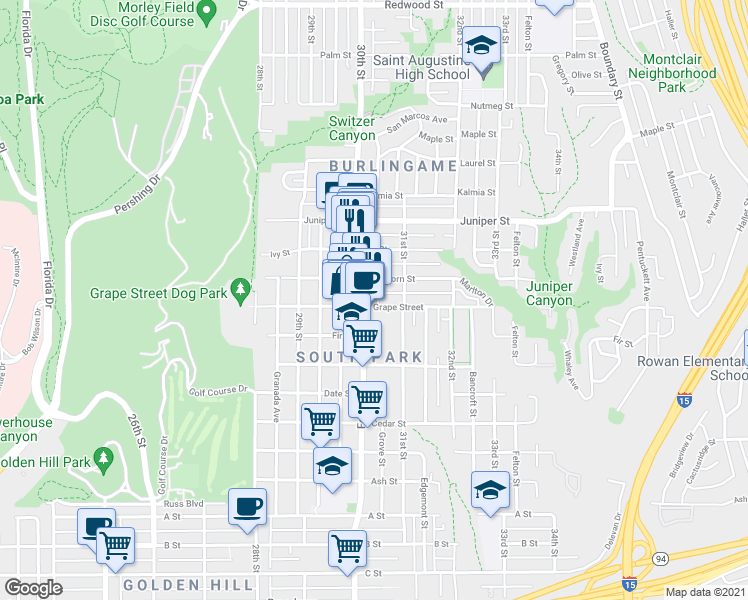map of restaurants, bars, coffee shops, grocery stores, and more near 3030 Grape Street in San Diego
