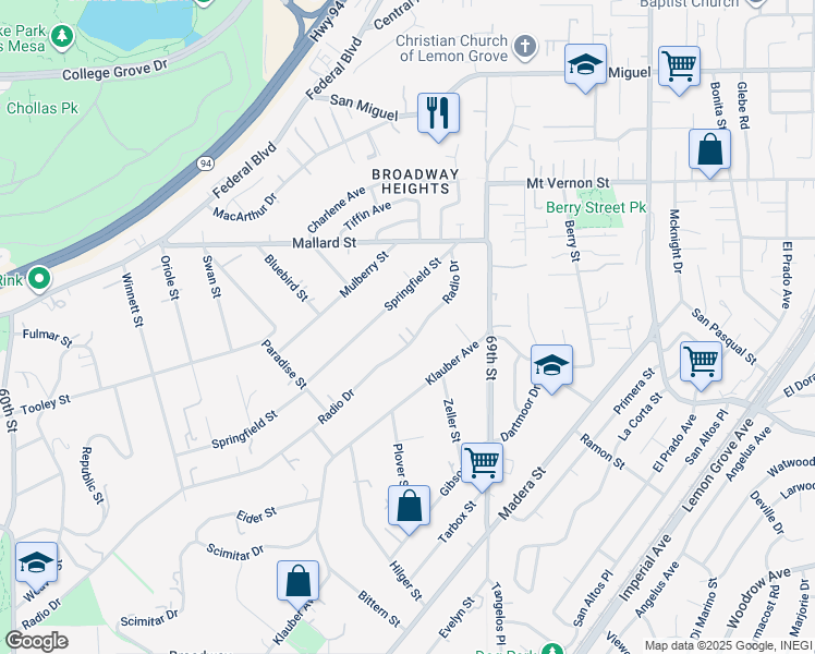 map of restaurants, bars, coffee shops, grocery stores, and more near 6734 Radio Drive in San Diego