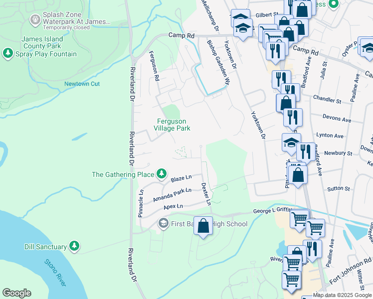 map of restaurants, bars, coffee shops, grocery stores, and more near 1711 Bassett Court in Charleston