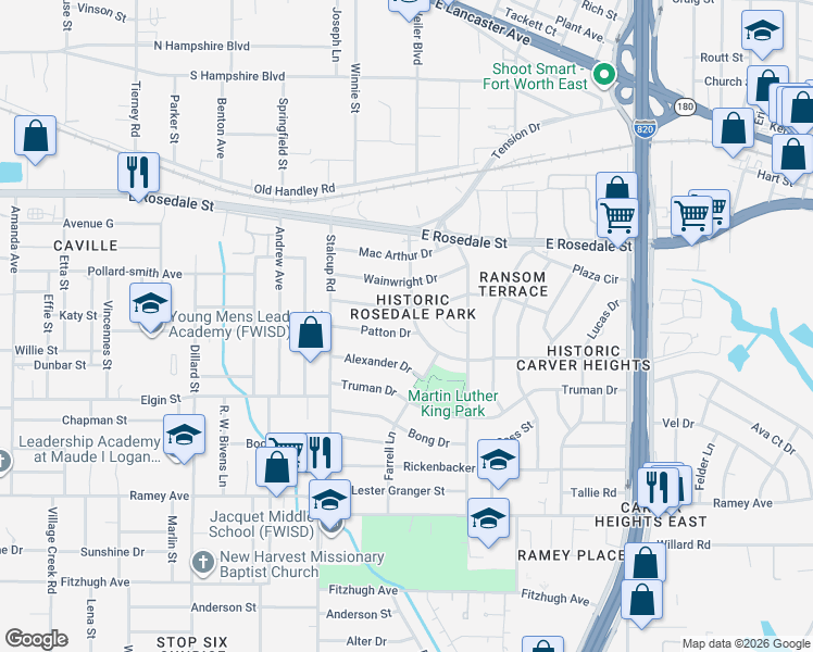 map of restaurants, bars, coffee shops, grocery stores, and more near 5552 Eisenhower Drive in Fort Worth
