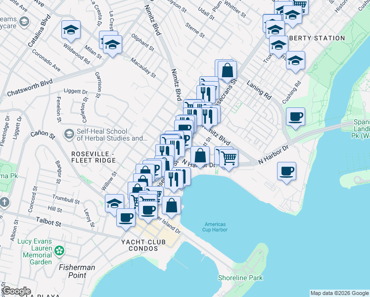 map of restaurants, bars, coffee shops, grocery stores, and more near Rosecrans Street & Ingelow Street in San Diego