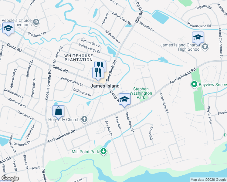 map of restaurants, bars, coffee shops, grocery stores, and more near 1114 Camp Road in Charleston