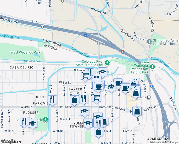 map of restaurants, bars, coffee shops, grocery stores, and more near 155-299 N 5th Ave in Yuma