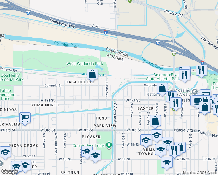 map of restaurants, bars, coffee shops, grocery stores, and more near 192 North 12th Avenue in Yuma