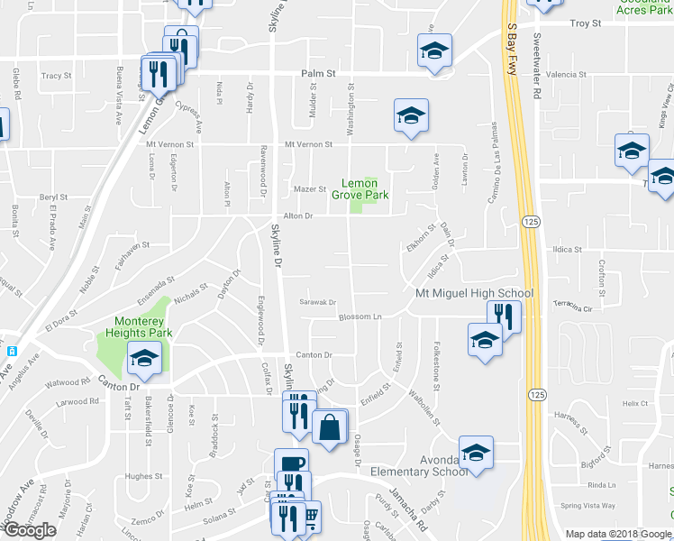 map of restaurants, bars, coffee shops, grocery stores, and more near 1950 Washington Street in Lemon Grove