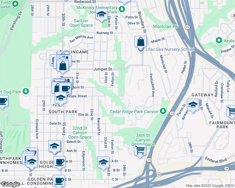 map of restaurants, bars, coffee shops, grocery stores, and more near Juniper Street in San Diego