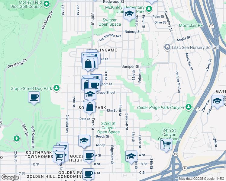 map of restaurants, bars, coffee shops, grocery stores, and more near 3166 Grape Street in San Diego
