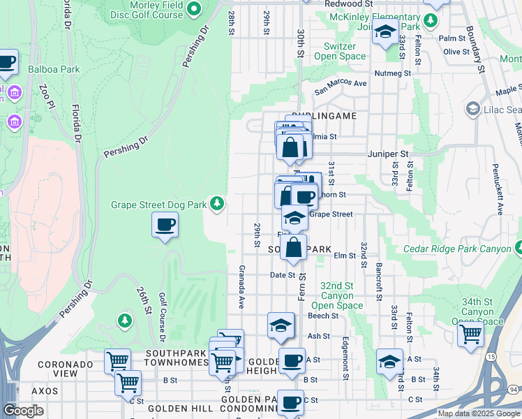 map of restaurants, bars, coffee shops, grocery stores, and more near 2016 29th Street in San Diego