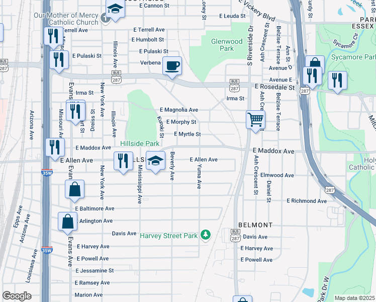 map of restaurants, bars, coffee shops, grocery stores, and more near 1340 East Maddox Avenue in Fort Worth