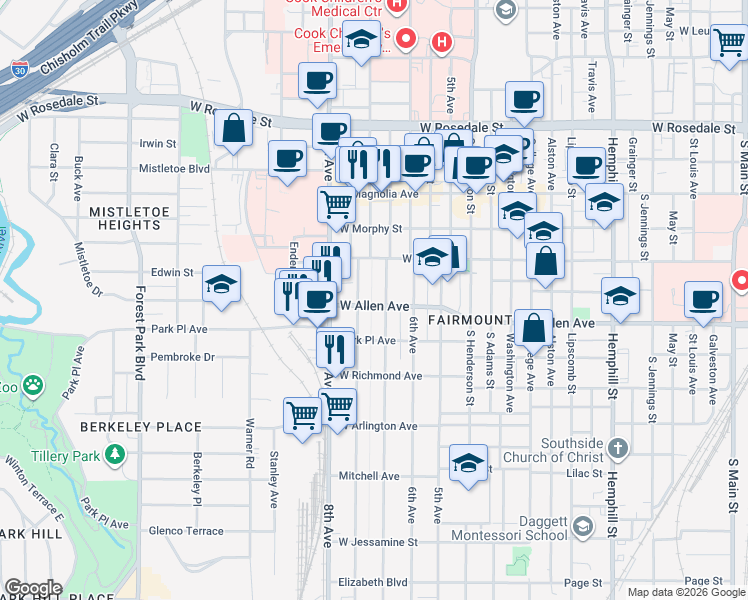 map of restaurants, bars, coffee shops, grocery stores, and more near 1460 West Allen Avenue in Fort Worth