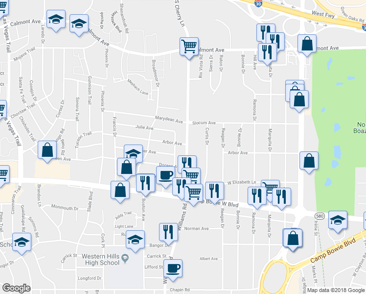map of restaurants, bars, coffee shops, grocery stores, and more near 3129 South Cherry Lane in Fort Worth