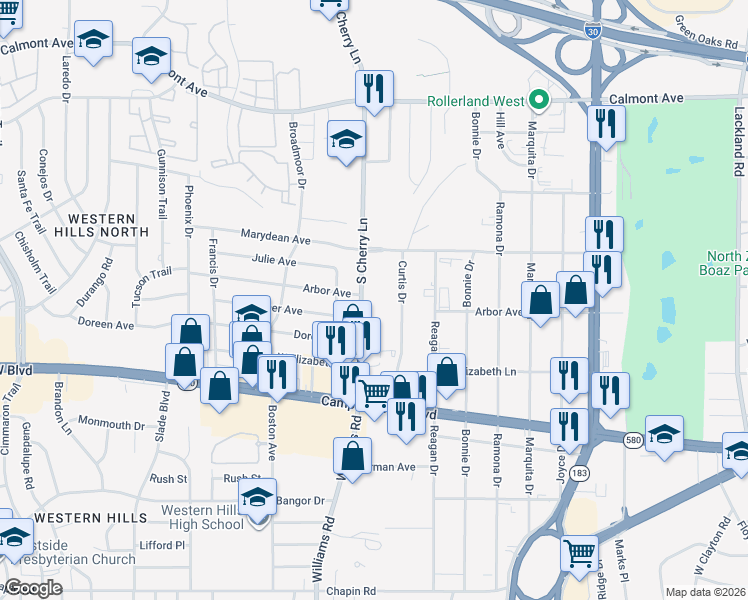 map of restaurants, bars, coffee shops, grocery stores, and more near 3129 South Cherry Lane in Fort Worth