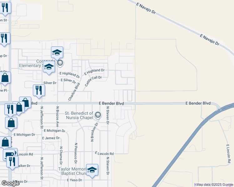 map of restaurants, bars, coffee shops, grocery stores, and more near 2323 North Desert Willow Lane in Hobbs