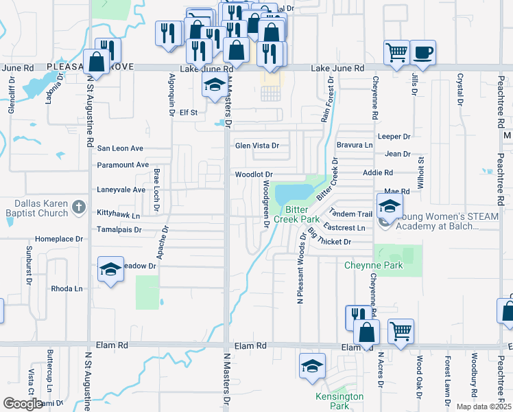 map of restaurants, bars, coffee shops, grocery stores, and more near 912 Carom Way in Dallas