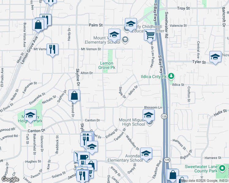 map of restaurants, bars, coffee shops, grocery stores, and more near 8287 Panchoy Street in Lemon Grove