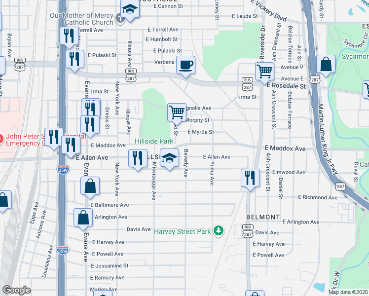 map of restaurants, bars, coffee shops, grocery stores, and more near 1304 East Maddox Avenue in Fort Worth
