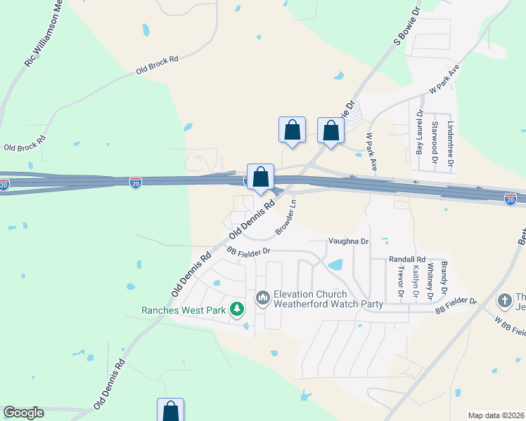 map of restaurants, bars, coffee shops, grocery stores, and more near 2419 Old Dennis Road in Weatherford
