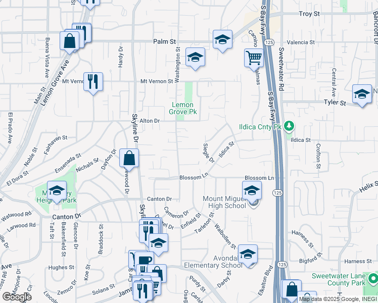 map of restaurants, bars, coffee shops, grocery stores, and more near 8233 Panchoy Street in Lemon Grove