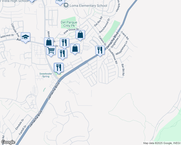 map of restaurants, bars, coffee shops, grocery stores, and more near 10707 Jamacha Boulevard in Spring Valley