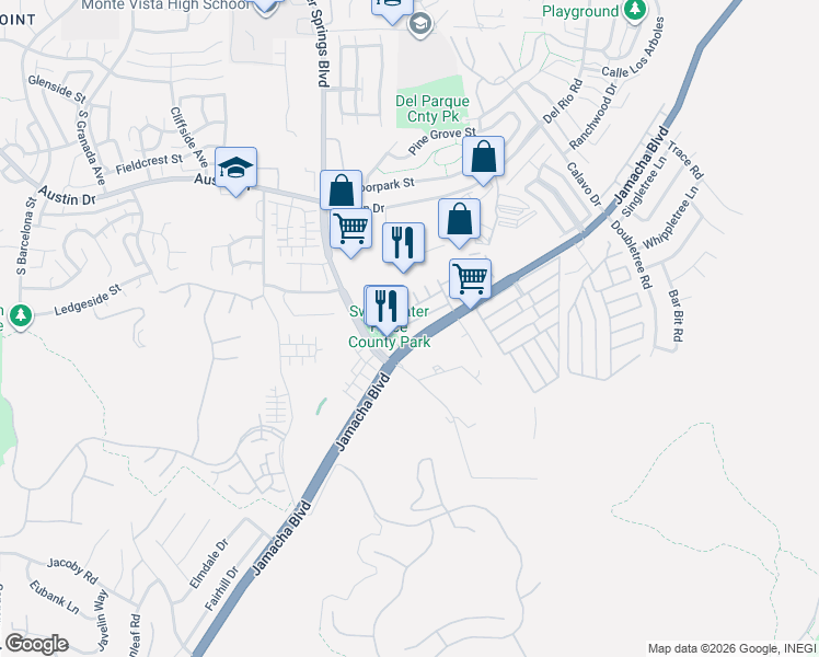 map of restaurants, bars, coffee shops, grocery stores, and more near 10633 Busch Street in Spring Valley