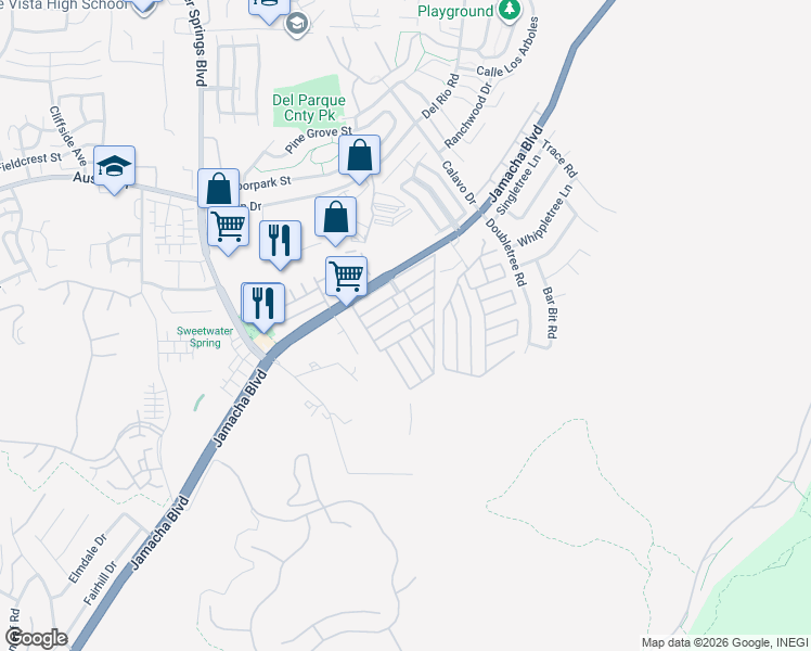 map of restaurants, bars, coffee shops, grocery stores, and more near 10707 Jamacha Boulevard in Spring Valley
