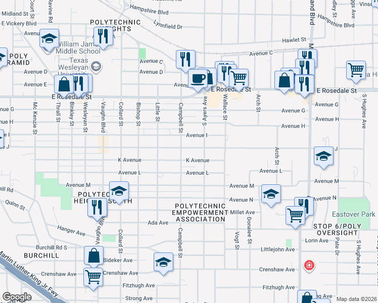 map of restaurants, bars, coffee shops, grocery stores, and more near 3612 Avenue J in Fort Worth