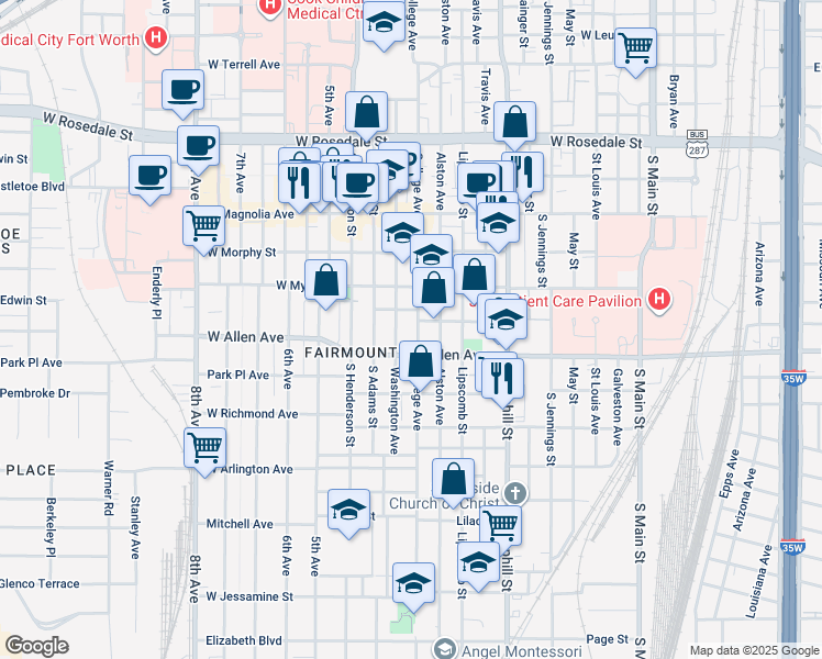 map of restaurants, bars, coffee shops, grocery stores, and more near 1601 College Avenue in Fort Worth