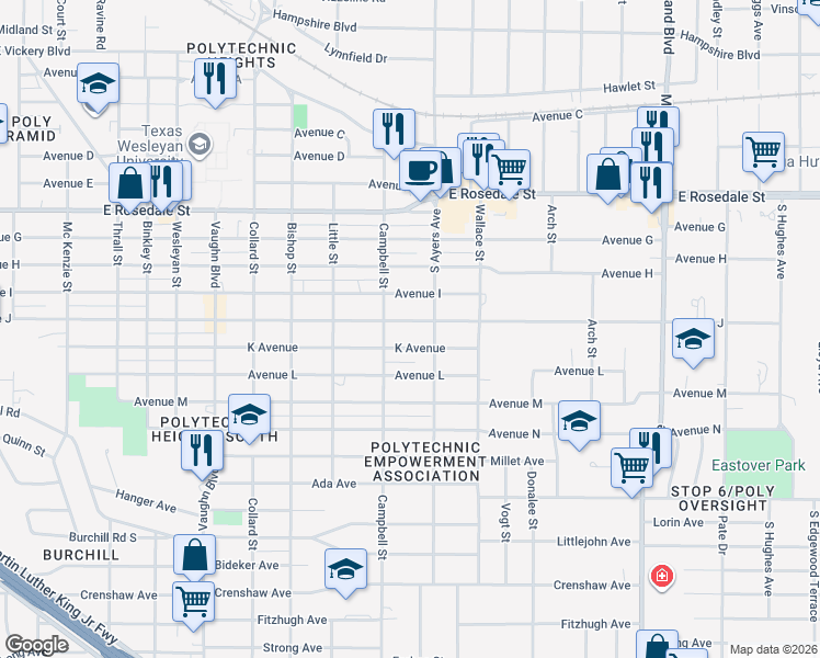 map of restaurants, bars, coffee shops, grocery stores, and more near 3620 Avenue J in Fort Worth