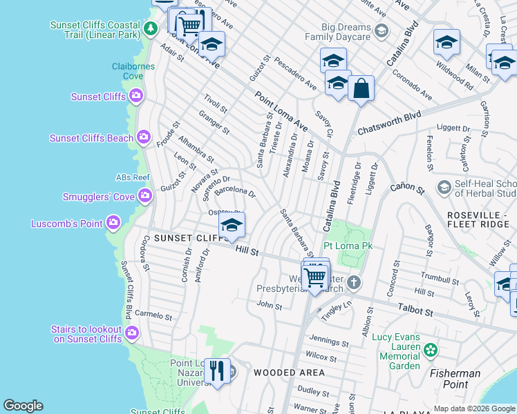 map of restaurants, bars, coffee shops, grocery stores, and more near 1179 Barcelona Drive in San Diego