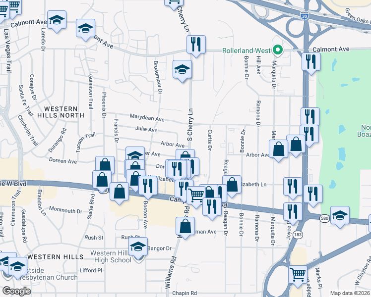 map of restaurants, bars, coffee shops, grocery stores, and more near 3129 South Cherry Lane in Fort Worth